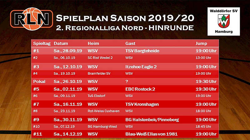 Spieltermine der 1. Herren 2019/2020 in der 2. Regionalliga Nord für die Hinrunde