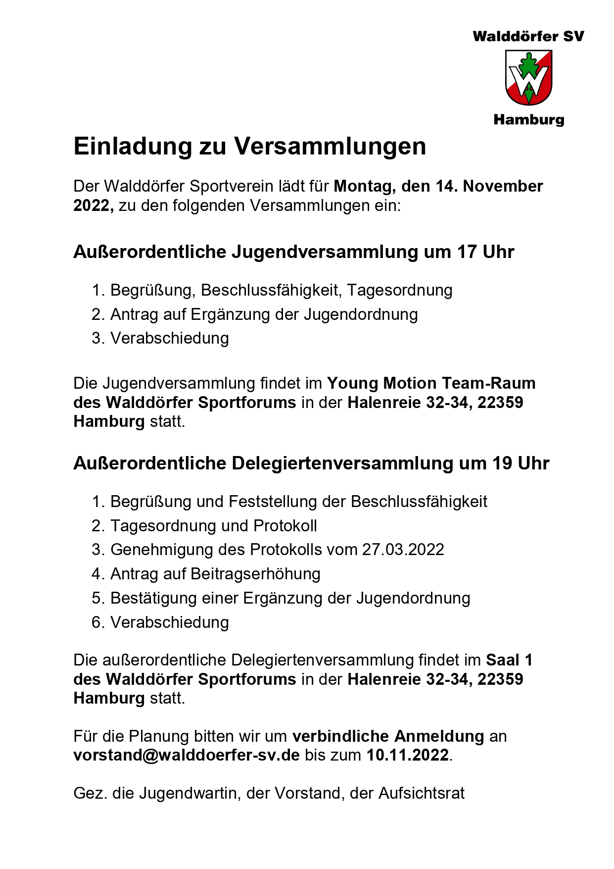 Einladung zu Versammlungen am 14.11.2022 Home Walddörfer SV